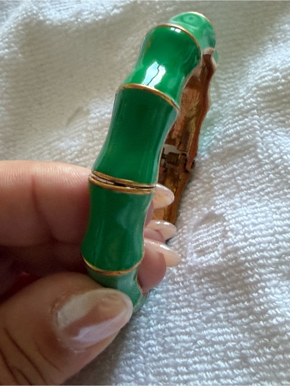 Green Enamel Bamboo-Style Hinged Bangle Bracelet with Gold Accents (Unisex)